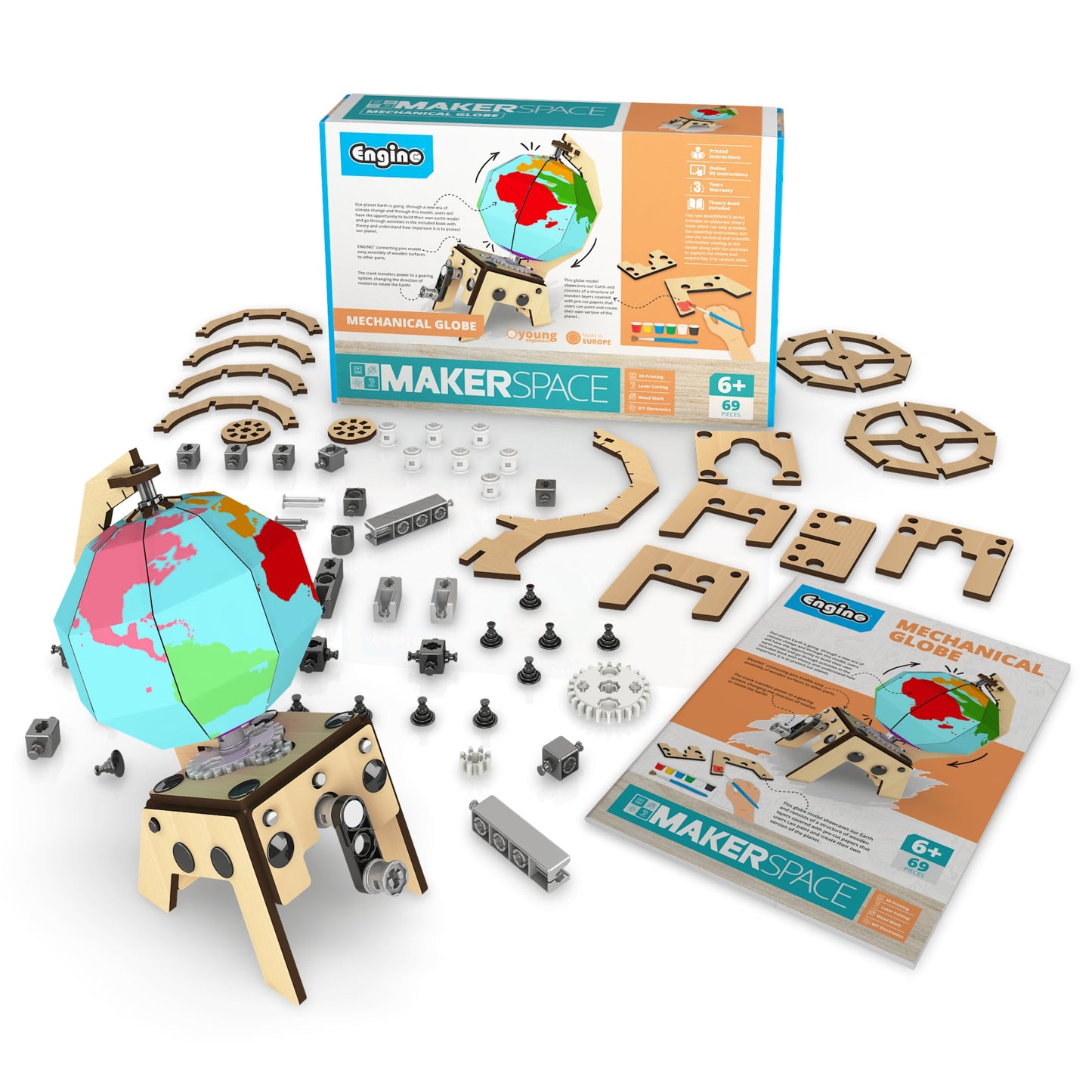 Engino MAKERSPACE DIY: Mechanical Globe, STEM Building Kit for Kids Ages 8+ (1 Model to Build)