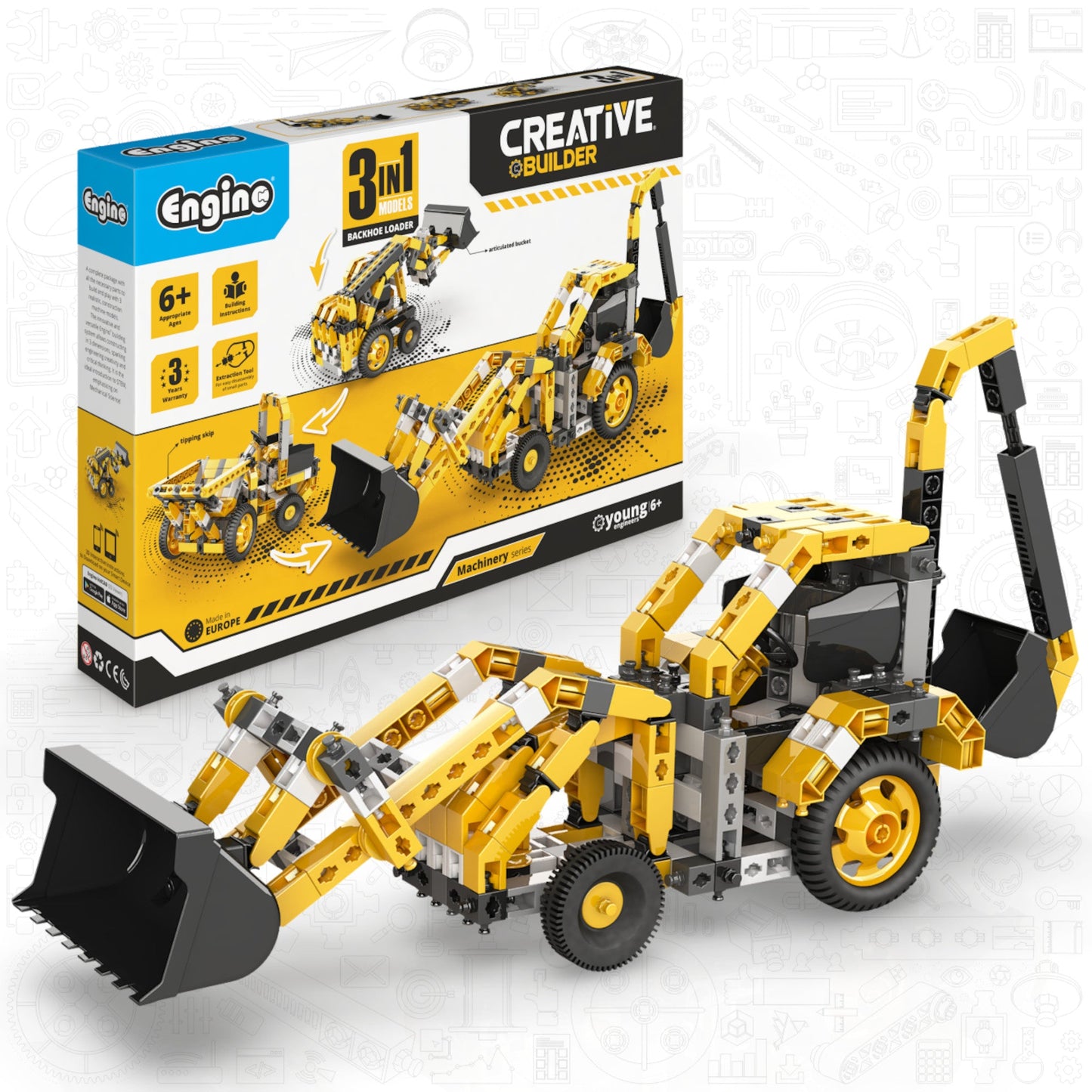 Engino Creative Builder Backhoe Loader Machinery Set: Educational Engineering Toys for Kids Ages 6+ (3 Models to Build)
