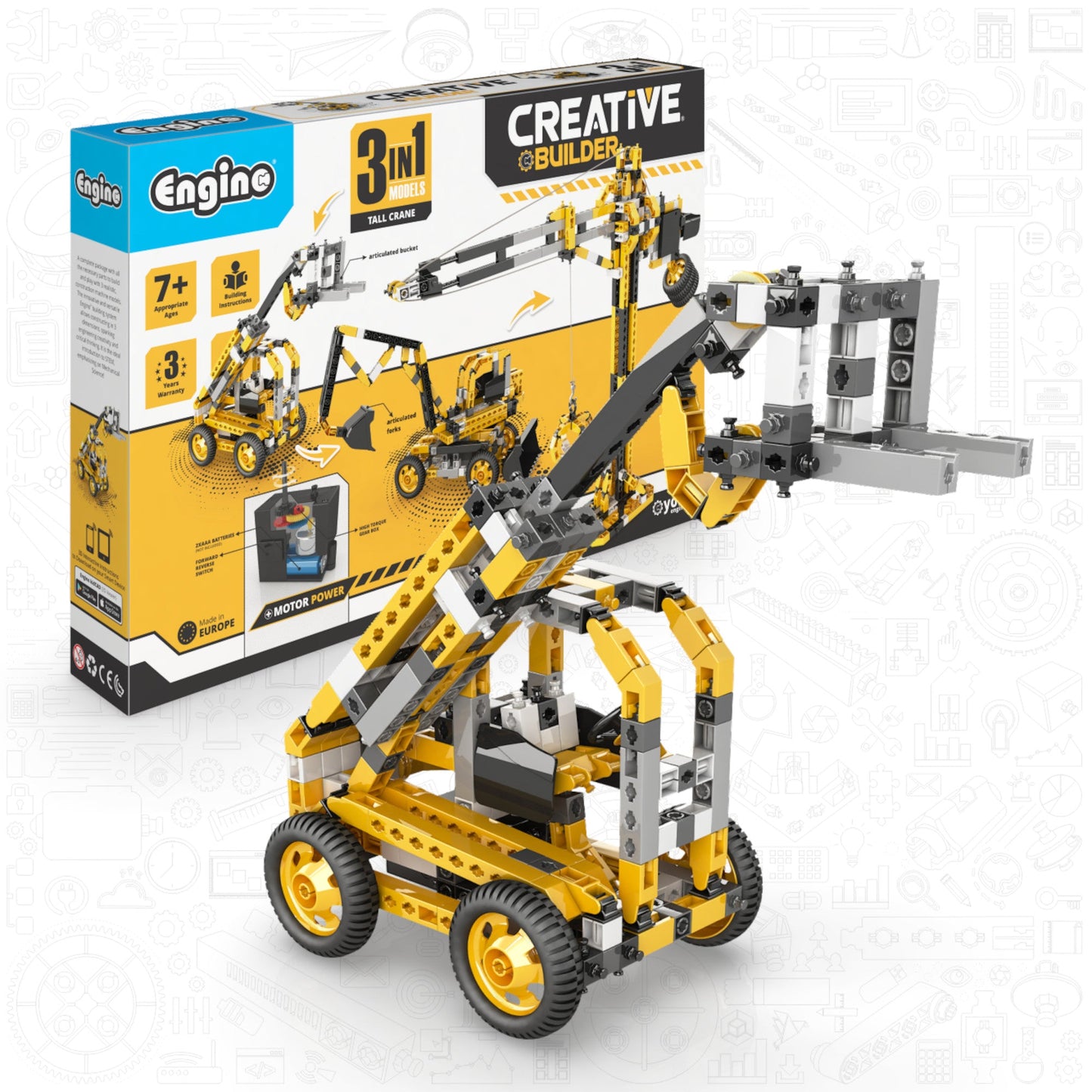 Engino Creative Builder Tall Crane Machinery Set: Educational Engineering Toys for Kids Ages 6+ (3 Models to Build)