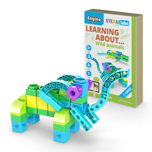 Engino STEAM Labs Junior– Learning About Wild Animals, STEM Building Blocks for Kids Ages 3+ (5 Models to Build)