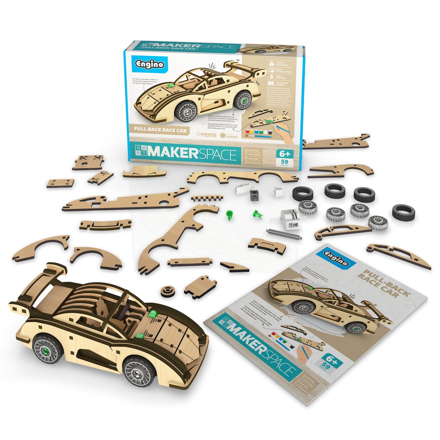 Engino MAKERSPACE DIY: Pull-Back Race Car, STEM Building Kit for Kids Ages 8+ (1 Model to Build)