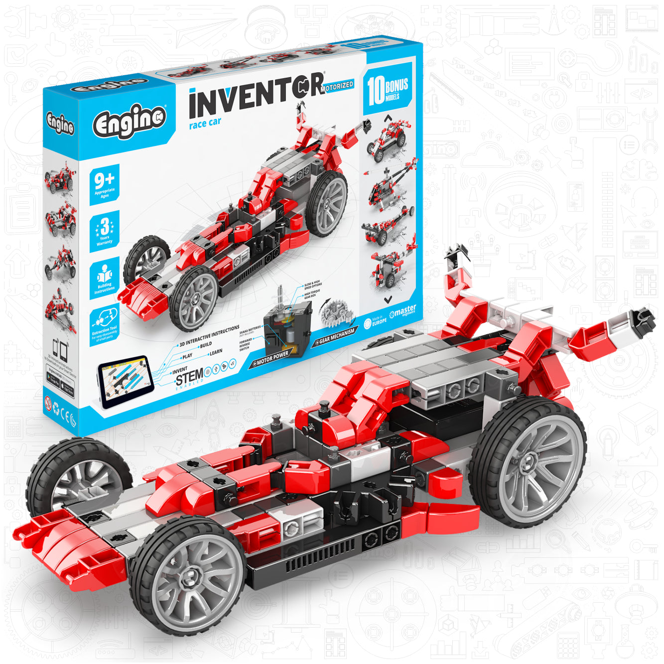 Engino Inventor Race Car Motorized Set- Engineering STEM Toys for Kids Ages 9+ (10 Models to Build)