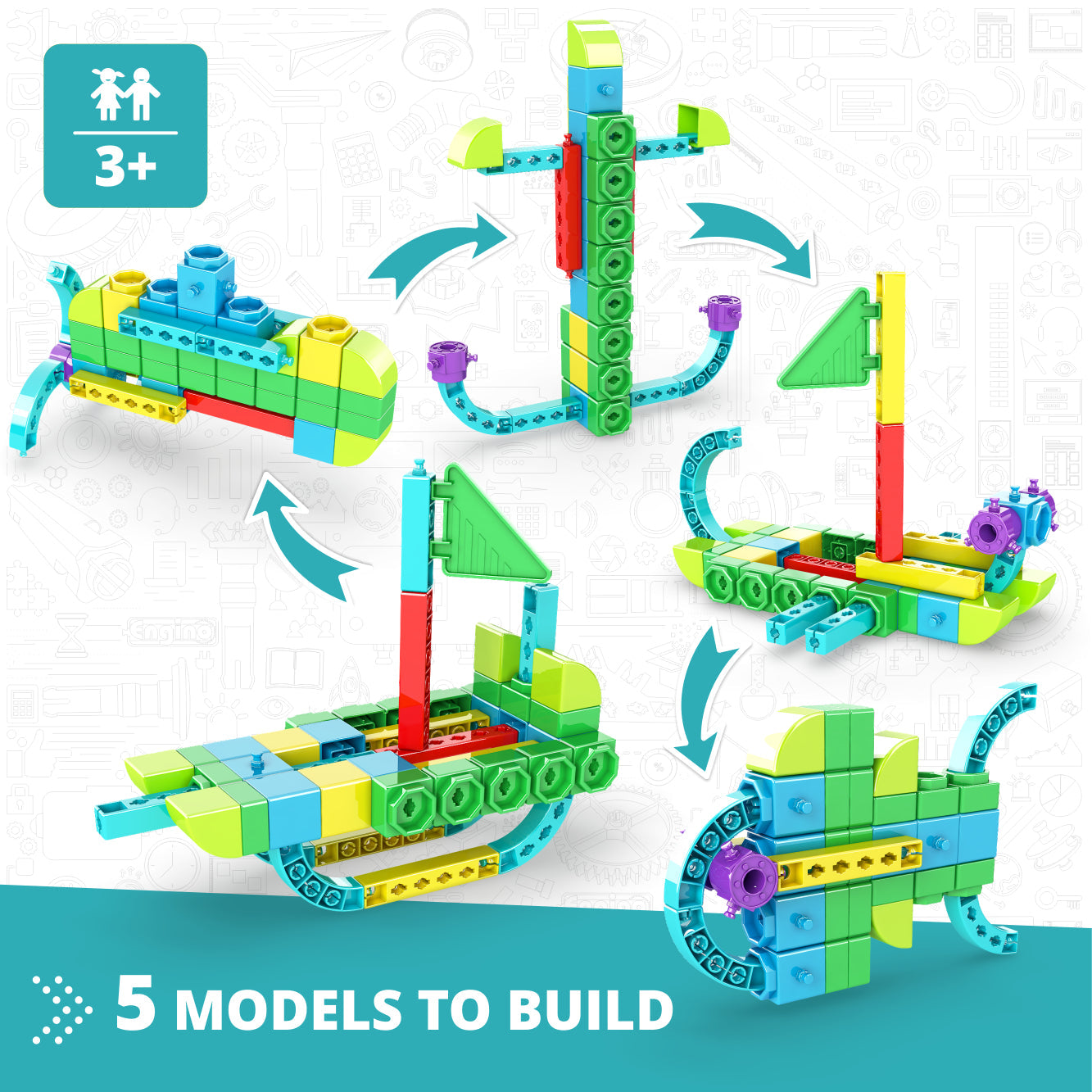 Engino STEAM Labs Junior– Learning About Sea Adventures STEM Building Blocks for Kids Ages 3+ (5 Models to Build)