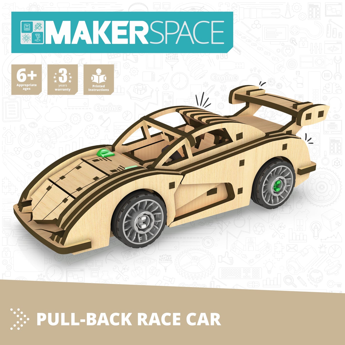 Engino MAKERSPACE DIY: Pull-Back Race Car, STEM Building Kit for Kids Ages 8+ (1 Model to Build)