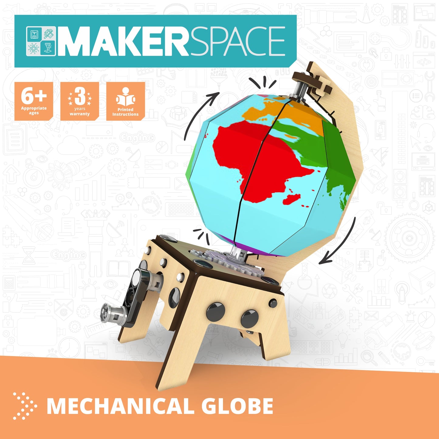 Engino MAKERSPACE DIY: Mechanical Globe, STEM Building Kit for Kids Ages 8+ (1 Model to Build)