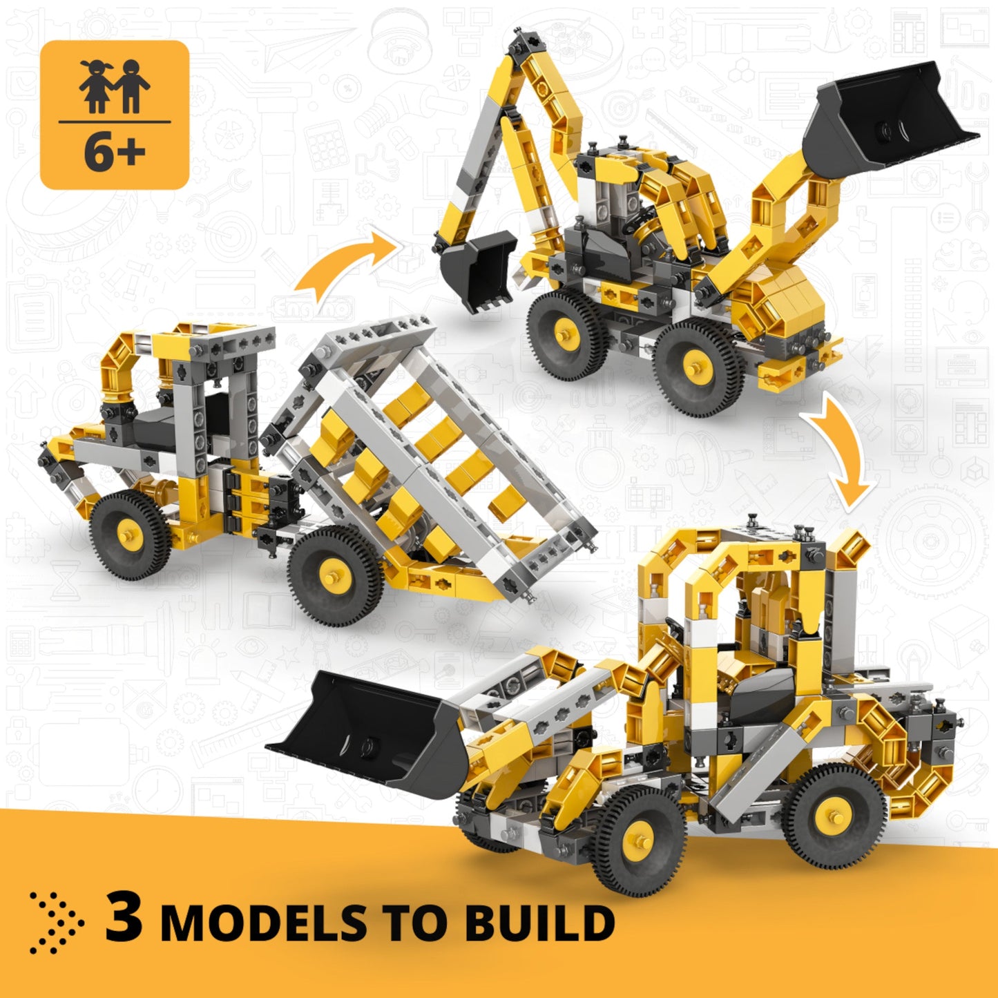 Engino Creative Builder Wheeled Loader Machinery Set: Educational Engineering Toys for Kids Ages 6+ (3 Models to Build)
