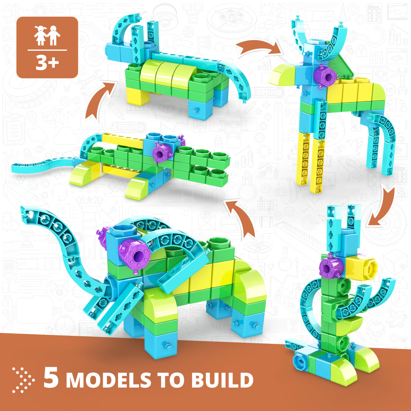 Engino STEAM Labs Junior– Learning About Wild Animals, STEM Building Blocks for Kids Ages 3+ (5 Models to Build)