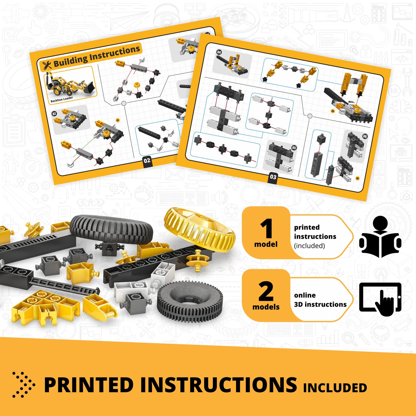 Engino Creative Builder Backhoe Loader Machinery Set: Educational Engineering Toys for Kids Ages 6+ (3 Models to Build)
