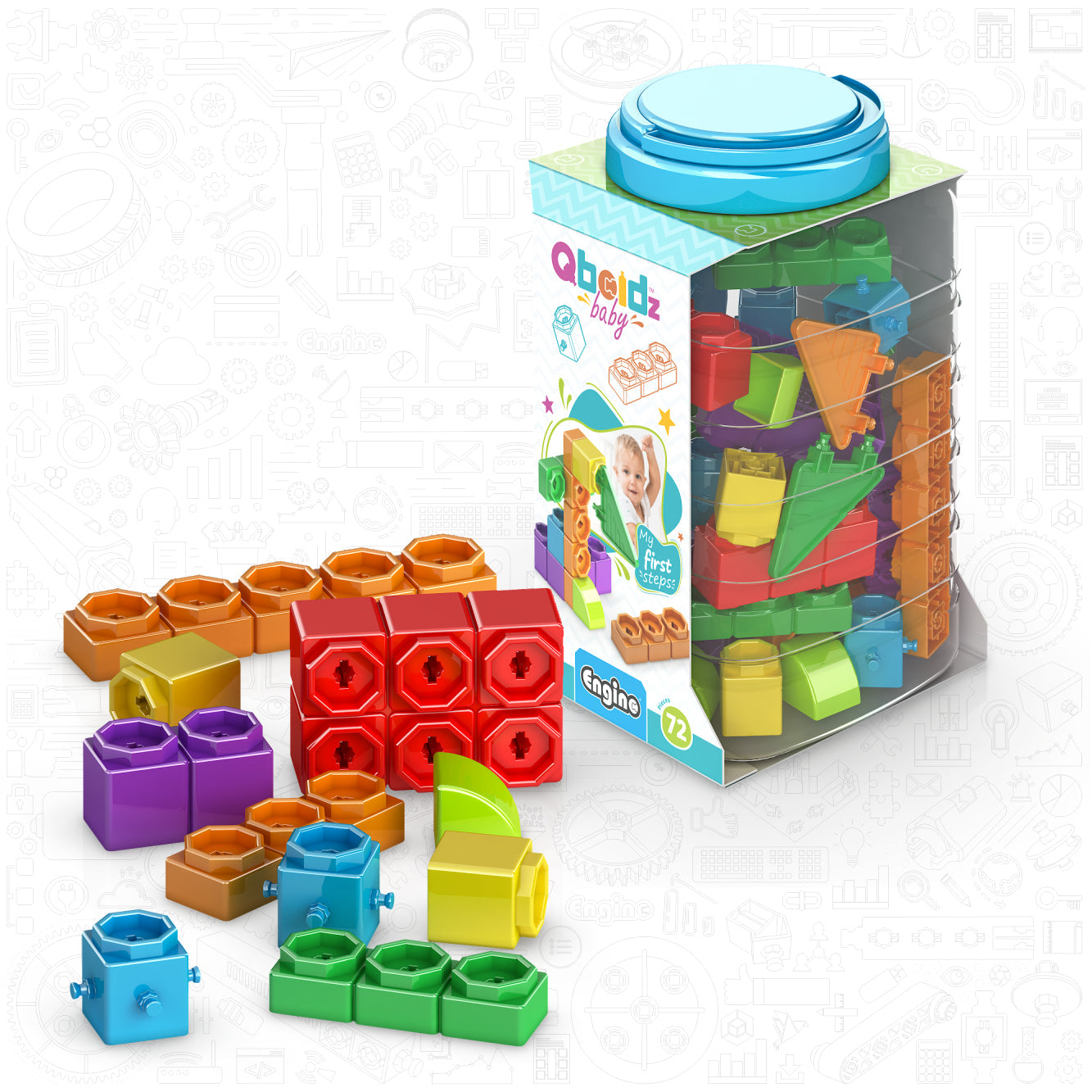 Engino QBOIDZ- My First Steps, Building STEM Toys for Kids Ages 1.5+ (Large Set in a Plastic Tub)