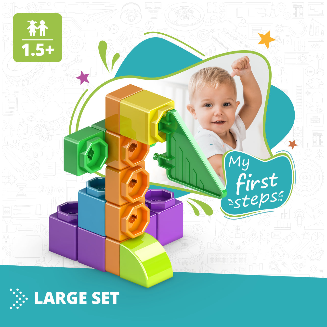 Engino QBOIDZ- My First Steps, Building STEM Toys for Kids Ages 1.5+ (Large Set in a Plastic Tub)