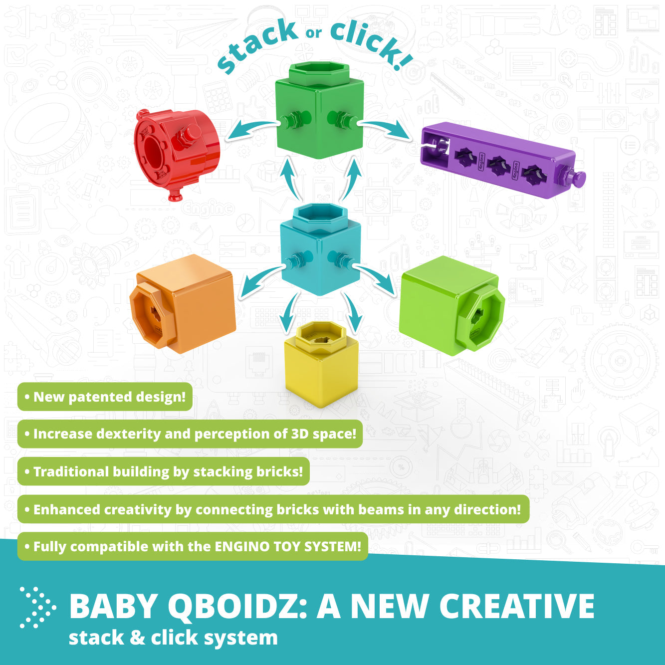 Engino QBOIDZ- My First Steps, Building STEM Toys for Kids Ages 1.5+ (Large Set in a Plastic Tub)