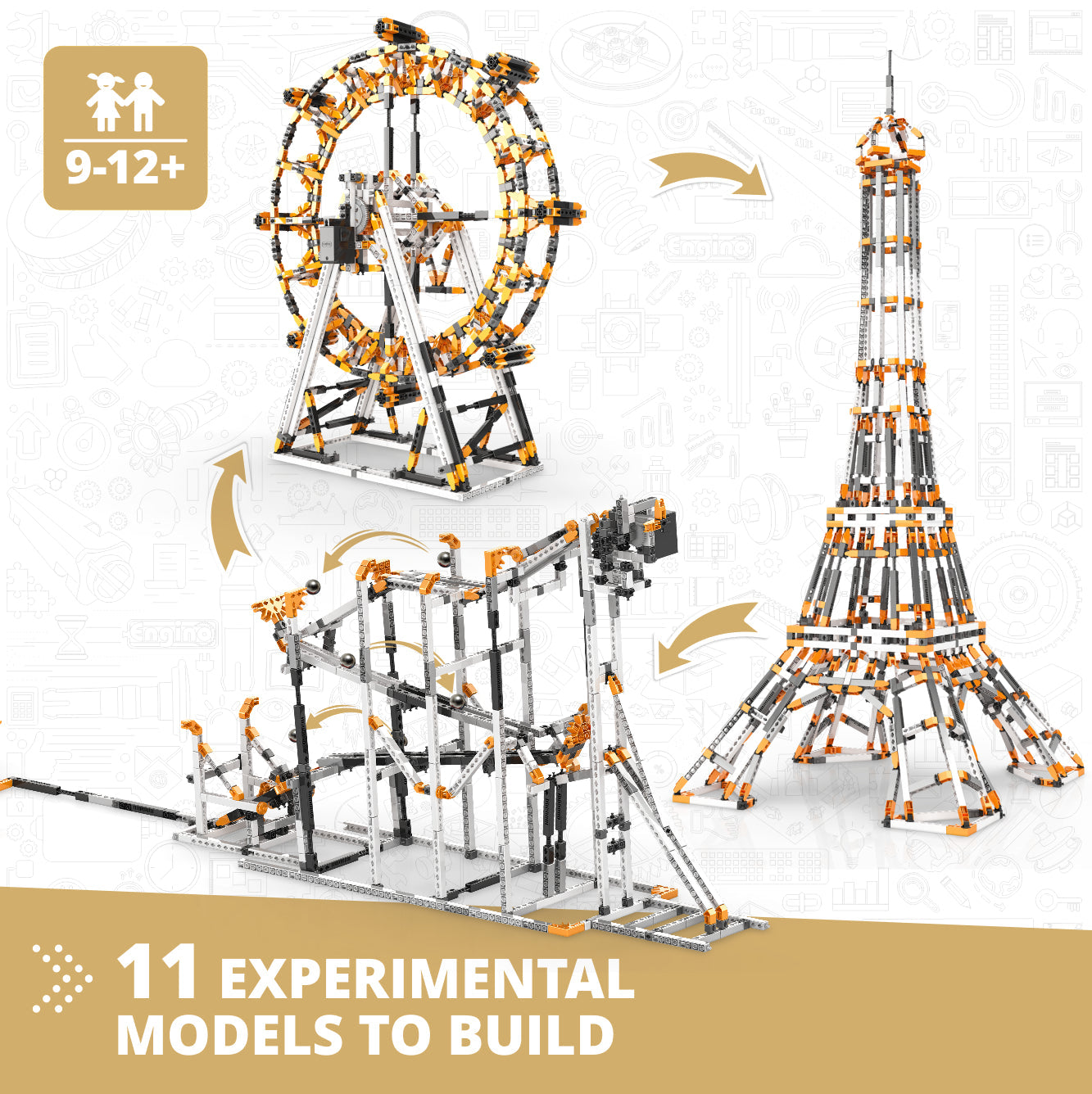 Engino Open Projects STEM Set– Build the London Eye, Eiffel Tower & Chain Reaction, For Kids Ages 9–12+ (11 Models to Build)